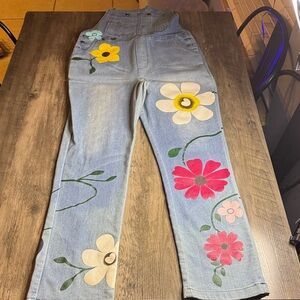 Artsy Denim Boho Festival Overalls with Light Blue Wash - Size M